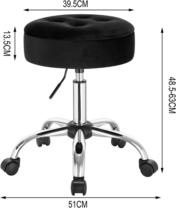FURNIBELLA - in hoogte verstelbare bureaustoel, werkkruk met 5 wielen, kruk met opbergruimte, fluwelen en metalen zitkruk, staande kruk in slaapkamer of kantoor, 48.5-63 cm, zwart, BS128sz