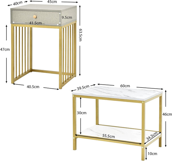 FURNIBELLA - Set van 2 salontafel met marmerlook, bijzettafel met goudkleurige metalen poten, koffietafels, modern, voor woonkamer en slaapkamer, wit en grijs