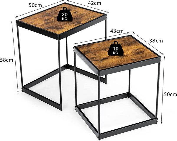 FURNIBELLA - Set van 2 vintage salontafels met metalen poten, koffietafel, bijzettafel, industrieel design, 50 x 42 x 58 cm