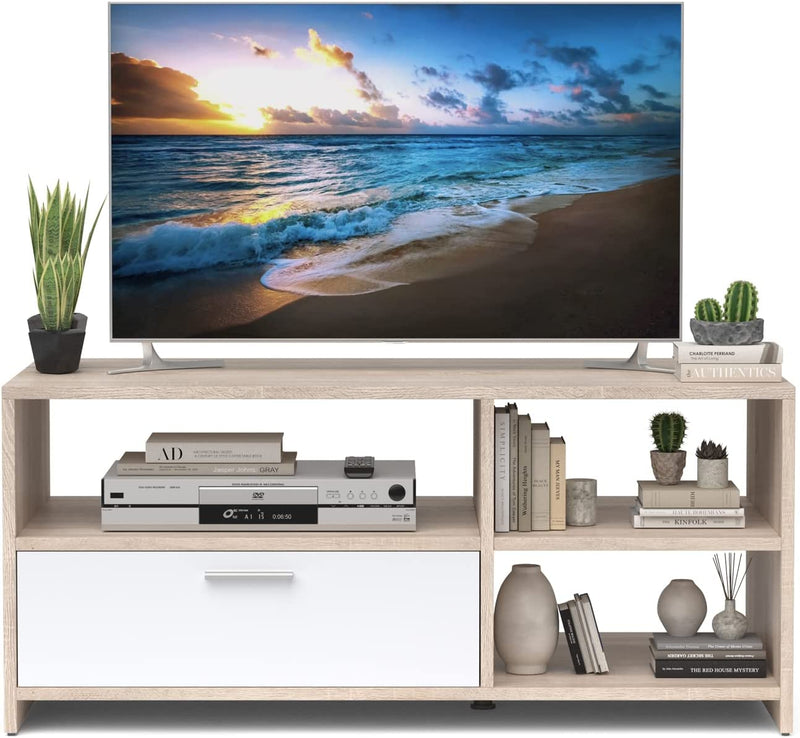 FURNIBELLA - tv-standaard voor tv's tot 127 cm, moderne mediaconsole-tafel met 3 open planken en 1 opbergvak, houten tv-meubel, entertainmentcentrum voor slaapkamer, woonkamer, eiken en wit