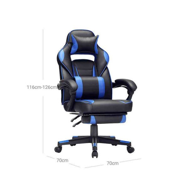 Ergonomische gaming computer bureaustoel met volledig verstelbare rugleuning en armen, uitschuifbare voetensteun, en masserende lendensteun in zwart en blauwe kleur