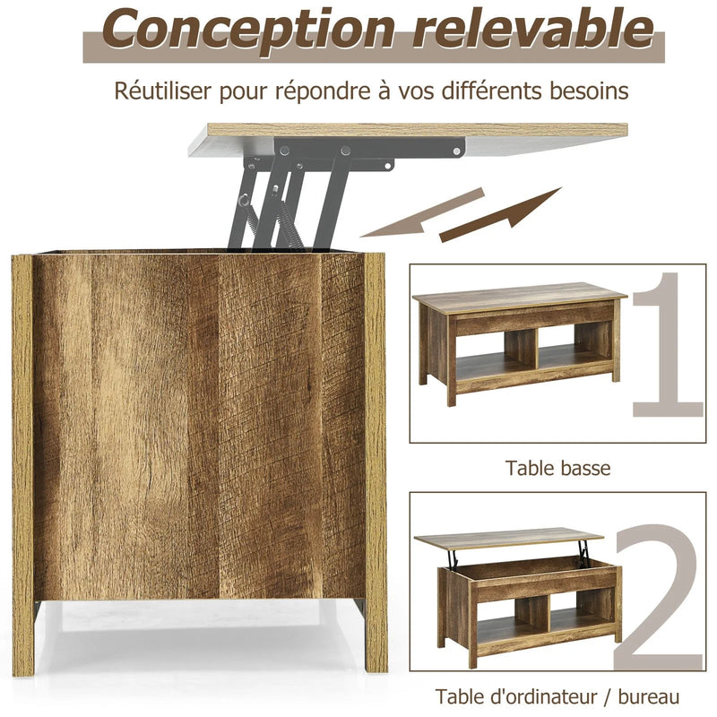 FURNIBELLA - salontafel met hefblad met verborgen opbergruimte en onderste plank 109 x 47,5 x 50-63 cm eiken