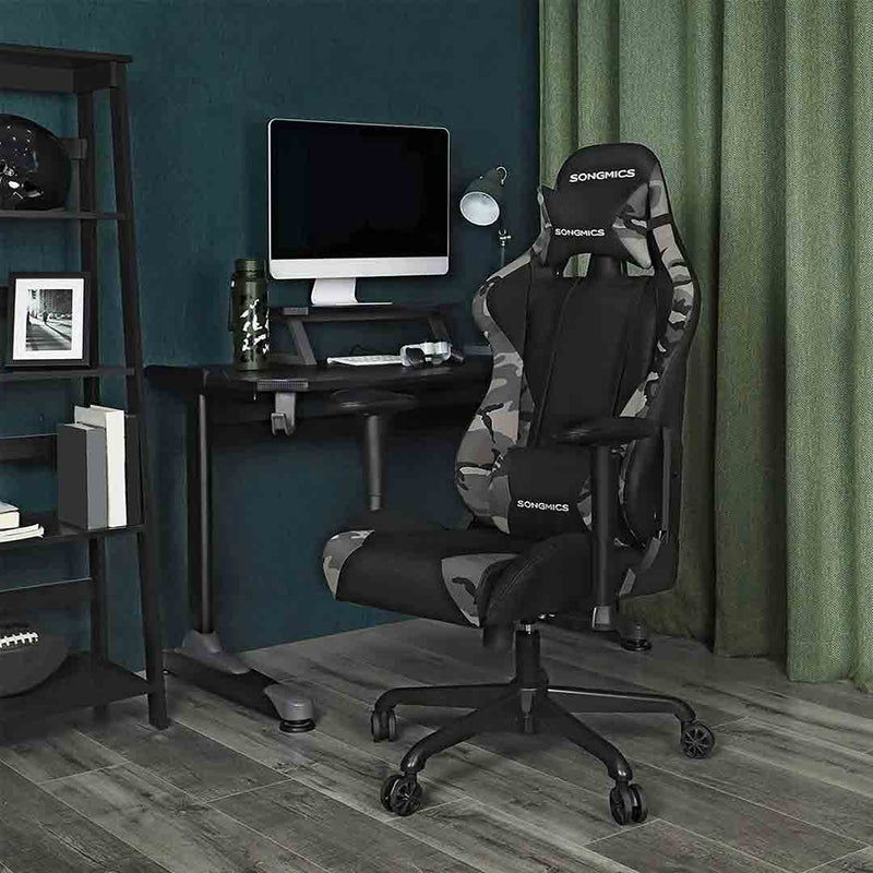 Songmics gaming stoel hoge rug computer stoel racing stoel gewatteerde stoel hoofdsteun lumbaal kussen verstelbare kantoor studie stoel zwart camouflage