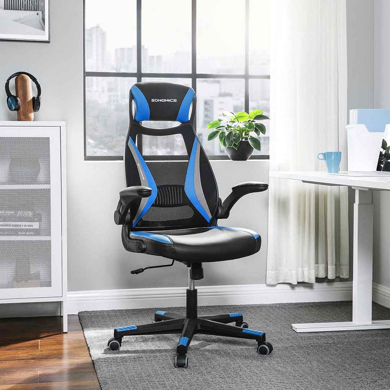 Songmics office, draaibare netstoel, in hoogte verstelbaar, met armleuningen en hoofdsteun, polyurethaan, blauw