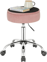 FURNIBELLA - in hoogte verstelbare bureaustoel, werkkruk met 5 wielen, kruk met opbergruimte, fluwelen en metalen zitkruk, staande kruk in slaapkamerkantoor, 48.5-63 cm, roze, BS128rs