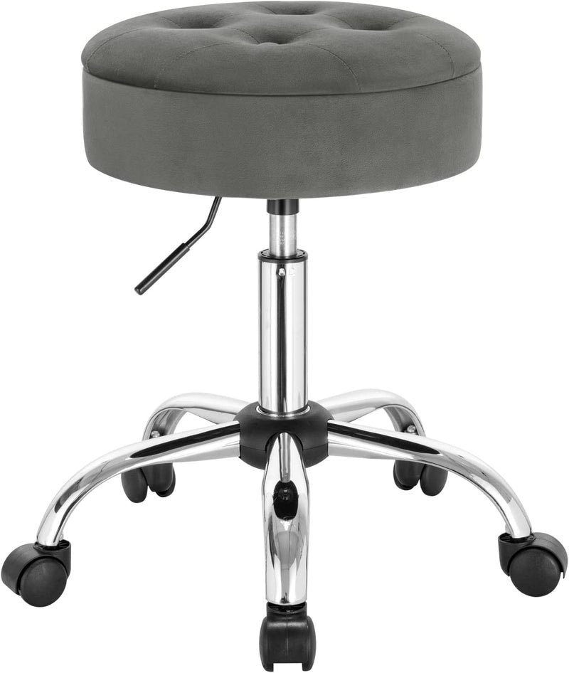 FURNIBELLA - in hoogte verstelbare bureaustoel, 5-wielige werkkruk, opbergkruk, fluwelen en metalen zitkruk, staande kruk in slaapkamerkantoor, 48.5-63 cm, donkergrijs, BS128dgr
