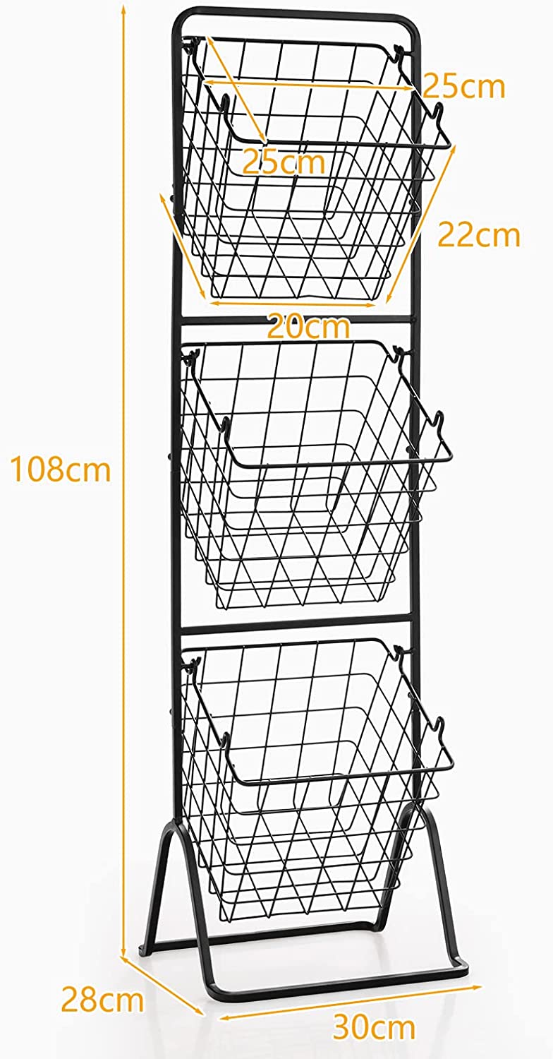 FURNIBELLA - 3-laags fruitmand standaard, 50 kg capaciteit keuken metalen marktmand standaard met 3 afneembare hangende draadkommen, verstelbare hoogtes, groentemand opslagstandaard voor bijkeuken, woonkamer, wasruimte