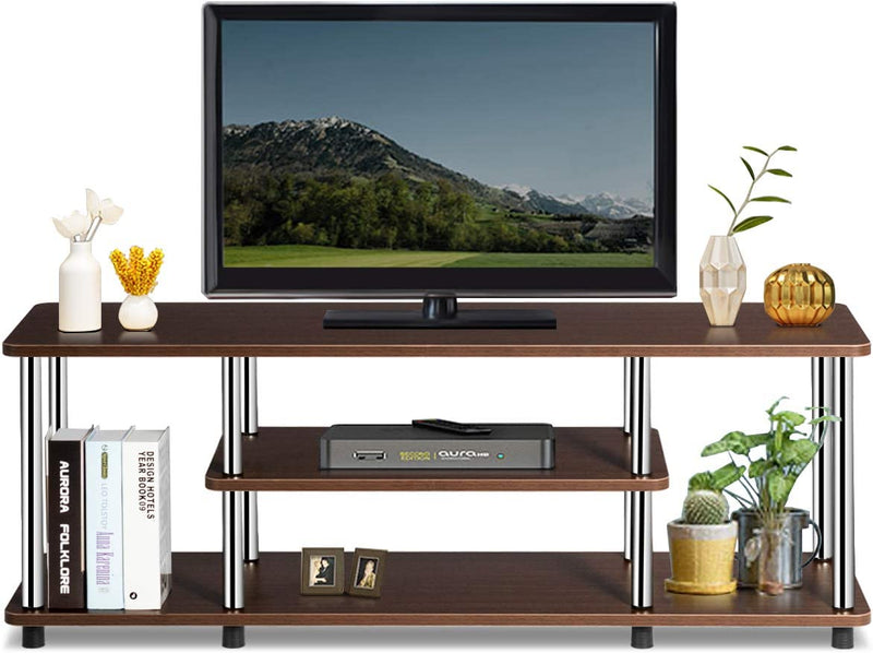 FURNIBELLA - 3-laags tv-standaard, led- en flatscreen-tv-entertainment tv-standaard met roestvrijstalen frame voor tv's tot 120 cm, universele mediaconsole-tafelstandaard (zwart)