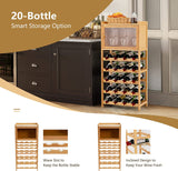 FURNIBELLA - 20-flessen bamboe wijnrekkast, vrijstaande wijnvitrineplank met flessenorganizer, glazen hanger, transparante ingelijste magneetdeuren, vloer wijnfleshouderstandaard voor bar, bijkeuken, keuken