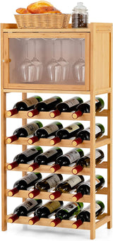FURNIBELLA - 20-flessen bamboe wijnrekkast, vrijstaande wijnvitrineplank met flessenorganizer, glazen hanger, transparante ingelijste magneetdeuren, vloer wijnfleshouderstandaard voor bar, bijkeuken, keuken