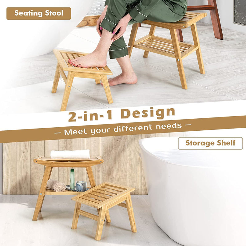 FURNIBELLA - bamboe bank douche en voetenbank set, badkamer organizer stoelkruk gemaakt van natuurlijk bamboe, douchebank met onderbouw rek, stevige zitting voor douche, geschikt voor gebruik binnen en buiten