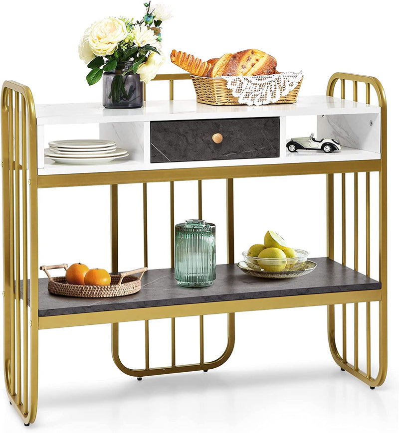 FURNIBELLA - consoletafel, 2 niveaus, marmeren look, bijzettafel met lade, goudkleurig metalen frame, moderne salontafel