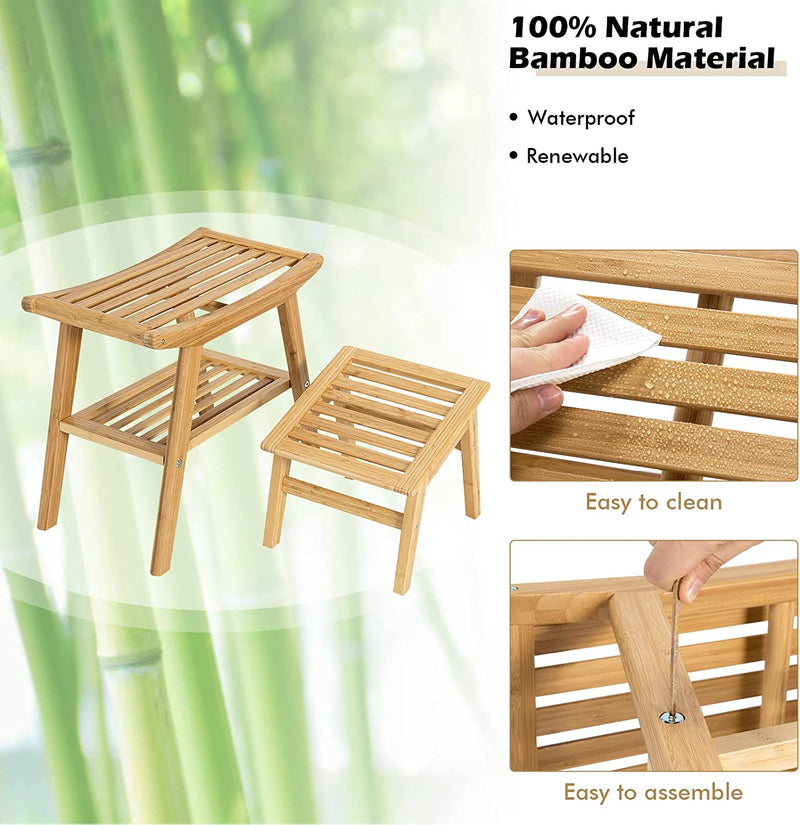 FURNIBELLA - bamboe bank douche en voetenbank set, badkamer organizer stoelkruk gemaakt van natuurlijk bamboe, douchebank met onderbouw rek, stevige zitting voor douche, geschikt voor gebruik binnen en buiten