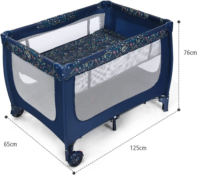 FURNIBELLA - multifunctionele baby-kinderbox, draagbare kinderbox met opvouwbaar ontwerp en 2 wielen, stevig en duurzaam kinderdagverblijf gemaakt van ijzeren pijp, Oxford-stof en ademend gaas (blauw)