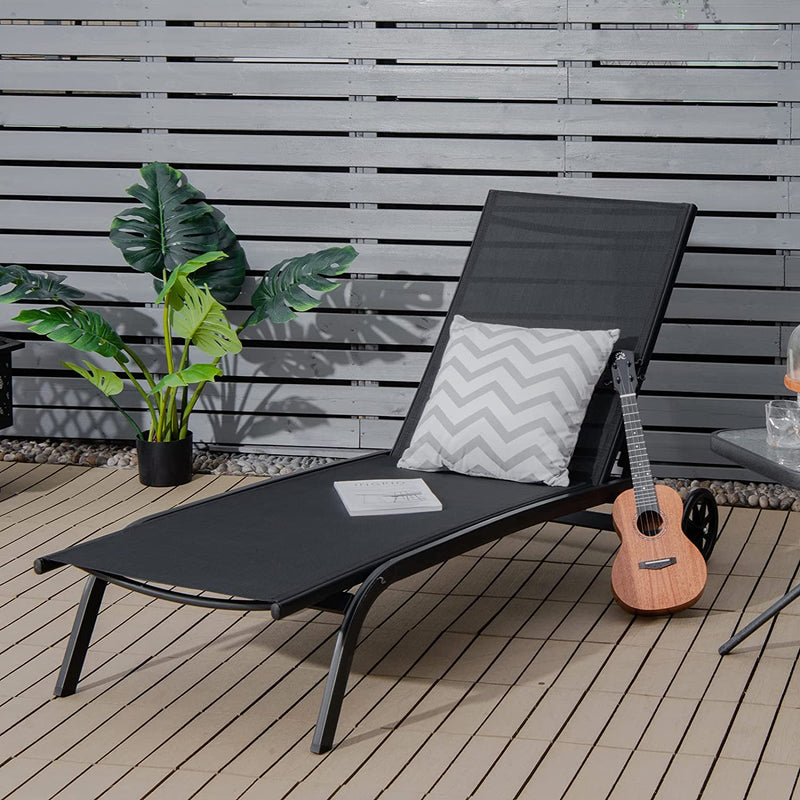 FURNIBELLA - verstelbare ligstoel, terrasstoel met gladde wielen en sneldrogende stof, relaxstoel met 6 standen voor zwembad, achtertuin en tuin (191x61x35.5, zwart)