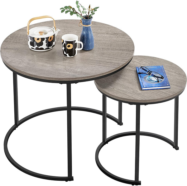 FURNIBELLA - salontafel, set van 2, woonkamertafel, ronde bijzettafel met metalen frame, moderne salontafel, eettafels voor woonkamer, grijs hout